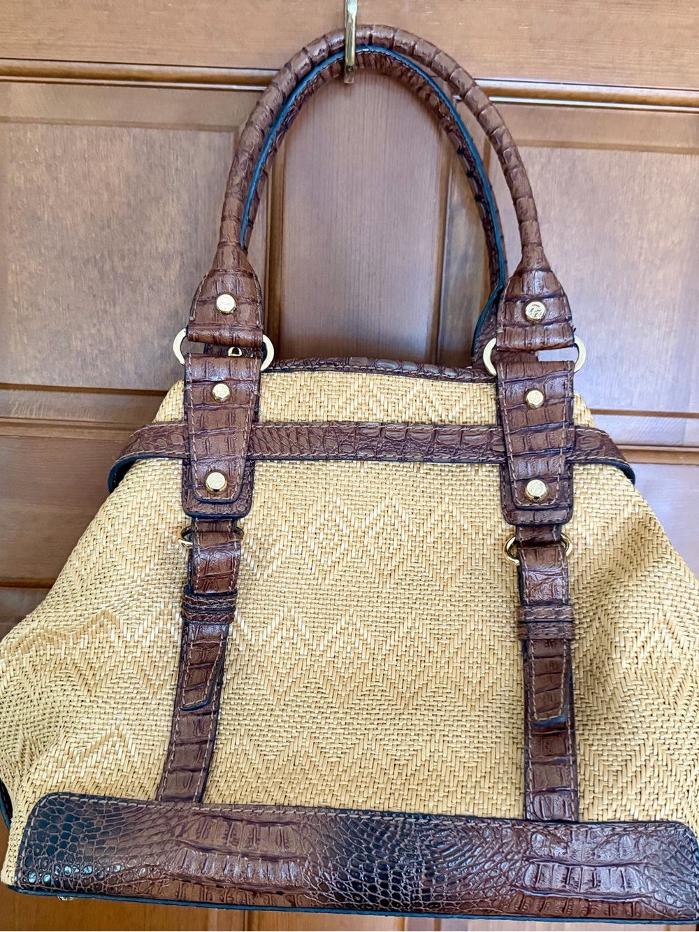 Francesco Biasia Natural Straw Tote with Brown Croc-Embossed Trim